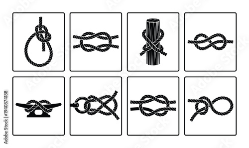 Collection of sailing knots and hitches icons diagrams, illustration of different nautical knotting techniques for boats and ships
