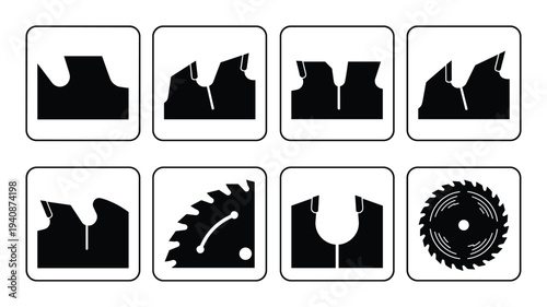 Collection of table saw blade profiles icons vector. Saw blade teeth shapes, woodworking tool, cutting blade design. Round and sharp blades.