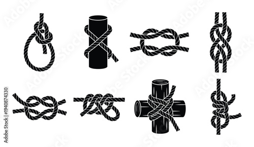Collection of various knot tying icons illustration. Different rope knot types for binding, fastening and joining rope parts