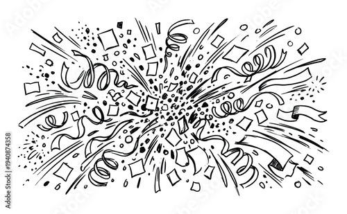 Confetti explosion vector illustration, streamer burst with squares, celebration elements, black and white doodle sketch design