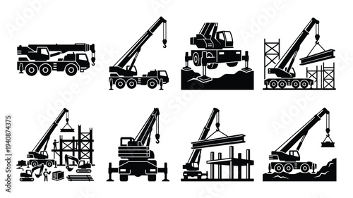 Construction cranes vector set icons illustration. Mobile crane, crawler crane, rough terrain crane silhouette icon set.