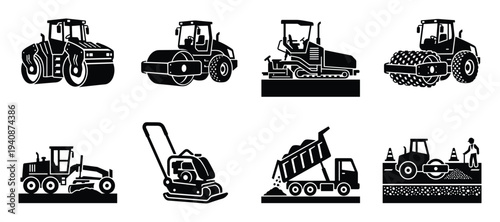 Construction equipment icons set. Road rollers, asphalt finisher, plate compactor, dump truck, and worker road construction