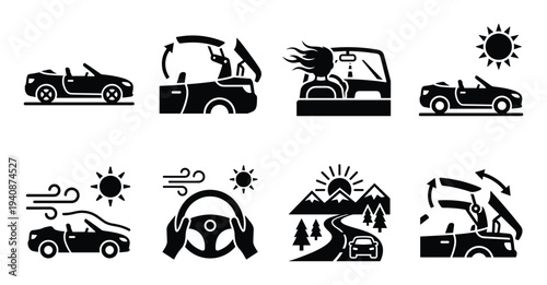 Convertible retractable roof icons set. Car driving, top up or down, summer, sun, road trip and safety symbols.