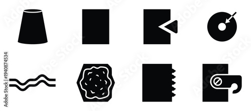 Core print locator icons with a cup, a rectangle, and geometric shapes, a wavy line, and a hook, solid fill icons, for core print locator.