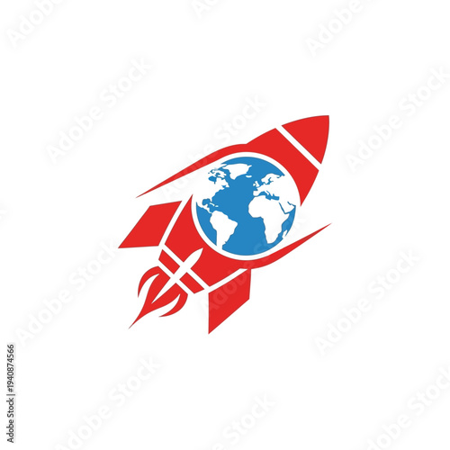 Sleek red rocket launching with a blue and white globe integrated, symbolizing global progress, innovative technology, and rapid worldwide development