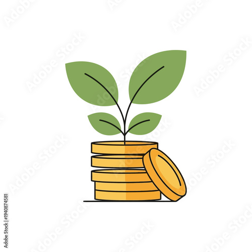 Visualizing financial growth a vibrant plant sprouts from a stack of gold coins, symbolizing investment success, savings, and future prosperity