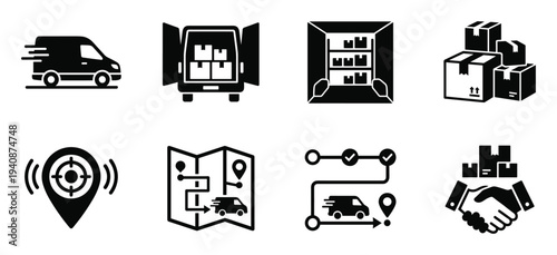 Delivery van and cargo icons set. Contains truck, package, storage, map, target, handshake symbols in black and white style.
