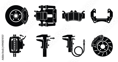 Detailed black silhouette of automotive brake components set. Brake rotor, caliper, pads, and measuring tools illustration