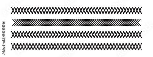 Set of slash and crossed lines borders. Oblique parallel stripes patterns. Black tilted stitches and crosses embroidery ornaments on white background. Geometric prints. Vector graphic illustration