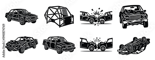 Demolition derby car icons set: crashed, damaged, roll cage, collision, and flipped automobiles for racing events