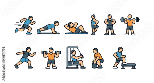 Fitness exercises flat icon set. gym, workout, strength training icons flat collection.
