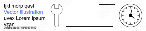 Time management, repair services, technical work, scheduling, productivity tools, efficiency. Minimal elements including a wrench, clock and text. Time management and repair services concept