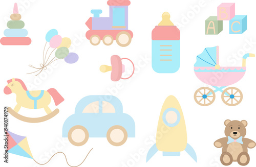 A set of pastel children's toys in a flat style.The collection of elements is suitable for baby shower invitations,nursery decorations,greeting cards,educational materials,packaging,and textile design