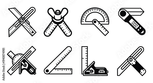 Detailed silhouette collection of angle finders protractors and bevels tools for woodworking, construction and DIY projects