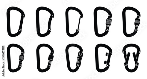 Detailed silhouette collection of carabiner locking mechanisms, various styles and configurations for climbing and safety equipment.