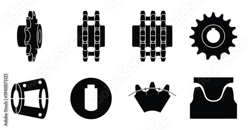Detailed silhouette collection of chain sprocket, rollers, gears, cogwheel and mechanical components engineering illustrations