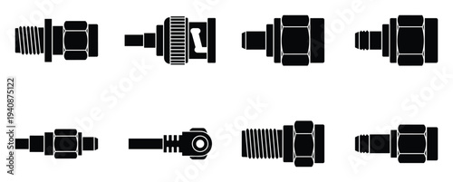 Detailed silhouette collection of coaxial RF connectors, diverse microwave and radio frequency electrical components and adapters