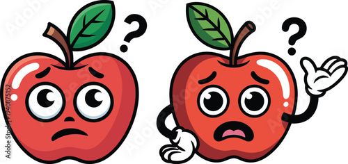 Confused Cartoon Apple Character with Clean Line Art and Flat Colors. Cute Fruit Mascot with Puzzled Eyes and Question Mark Gesture for Problem Solving Concept
