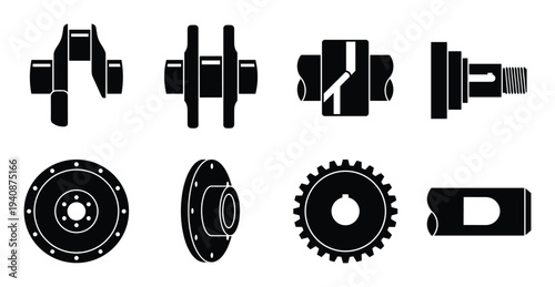 Detailed silhouette collection of crankshaft, flywheel, gear, and shaft components, automotive parts, engine elements, vector.