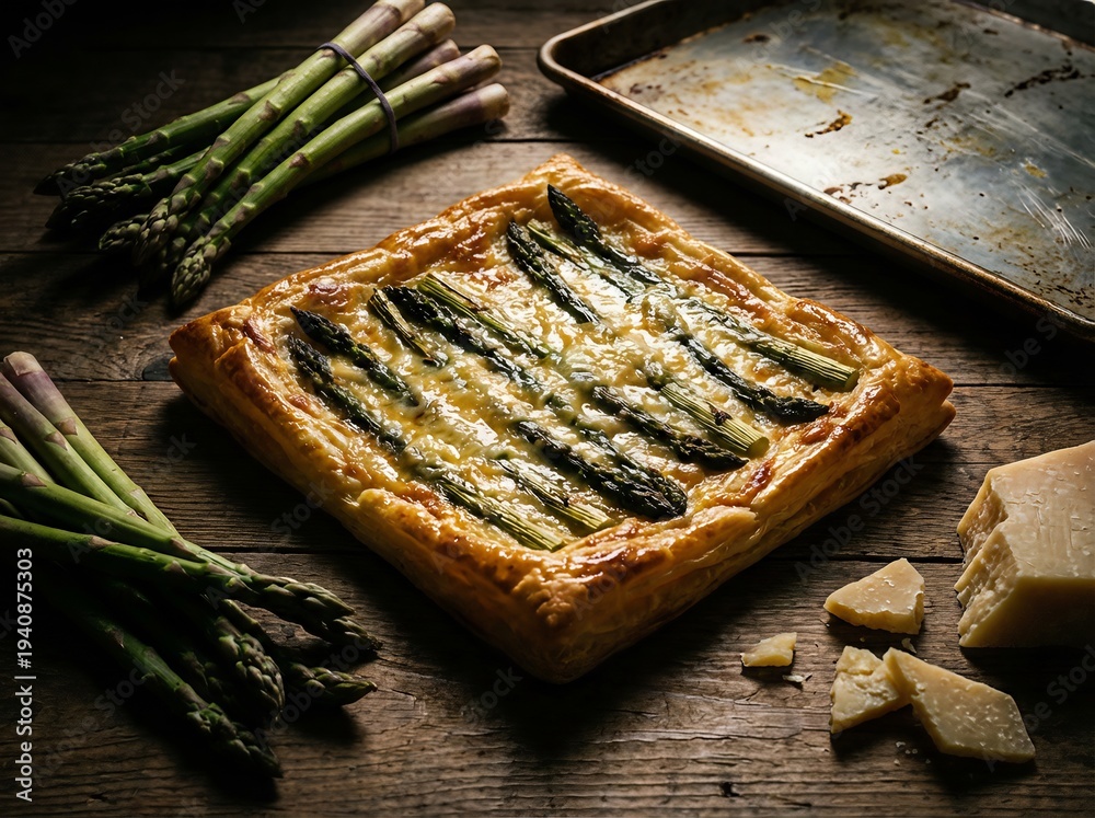 Fototapeta premium A delicious asparagus tart with parmesan cheese, resting on a rustic wooden table alongside fresh asparagus and a baking sheet.
