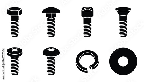 Detailed silhouette collection of hardware nuts bolts washers and screws fasteners for engineering and construction projects