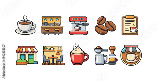 Coffee shop flat icon set. cups, beans, cafe tools, barista, cafe interior icons.
