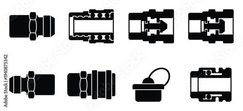 Detailed silhouette collection of hydraulics quick couplings and fittings in various styles, connection types and views