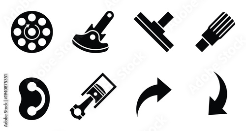 Detailed silhouette collection of hydraulics, swash plate, piston, wiper, paintbrush, and arrows directional elements.