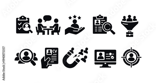 Recruitment and job assessment solid icon set. hiring, interviews, hr icons collection