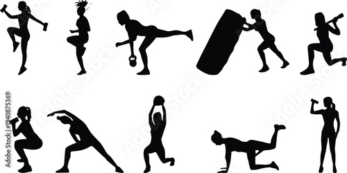 Fitness workout athlete exercise training gym sport activity silhouette boxing running stretching healthy lifestyle vector icon set collection