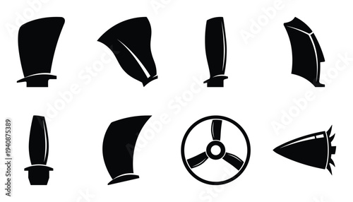 Detailed silhouette collection of jet engine compressor blades and turbine rotor vector illustration, aerospace engineering concept.
