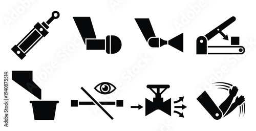 Detailed silhouette collection of packaging pneumatic, mechanisms, and automation vector icons and design elements on isolated background