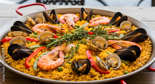 Spanish seafood paella with shrimp, mussels and saffron rice in traditional pan, vibrant mediterranean cuisine