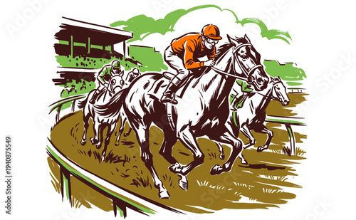 Horse racing illustration in vintage retro style for t-shirt print, poster, sticker, background and sports club graphic design.