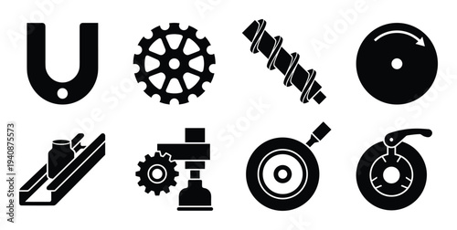 Detailed silhouette collection of packaging, gears, worms, disks, industrial components, conveyors, machinery, and engineering elements