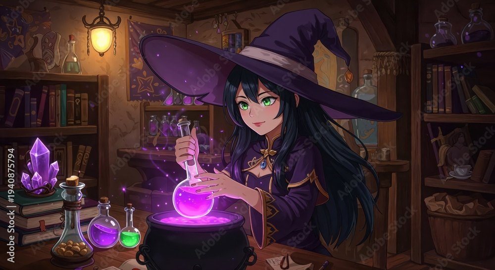 Fototapeta premium Enchanting Brew: A whimsical illustration depicts a young witch, deeply engrossed in brewing a mysterious potion in her enchanting workshop. 