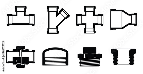 Detailed silhouette collection of plumbing pipe fittings, including tees, crosses, couplings, and threaded connections