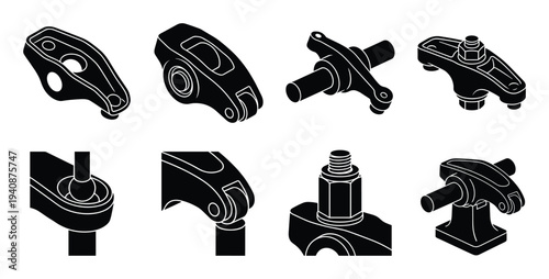 Detailed silhouette collection of rocker arm fulcrums for automotive engine valve actuation mechanism. Engine parts vector design