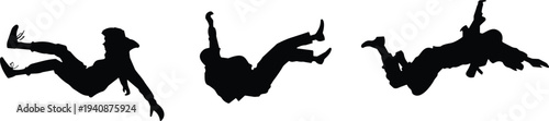 Skydiving silhouettes set, parachute freefall skydiver action poses, extreme air sport adventure vector illustration collection isolated