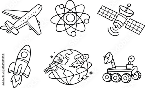 Space exploration outline icons set, rocket satellite rover airplane atom earth illustration, science technology vector collection