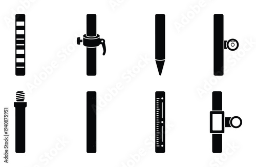 Detailed silhouette collection of surveying range poles, plumb bobs, and surveying instrument accessories for precision measurements.