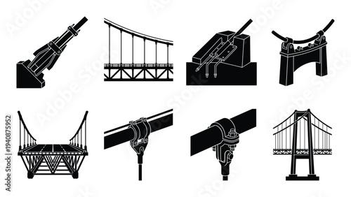 Detailed Silhouette Collection of Suspension Bridge Elements Tower Structure Design for Architecture Engineering Projects