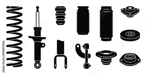 Detailed silhouette collection of suspension strut parts vector illustration, including coil spring, shock absorber, and mountings.
