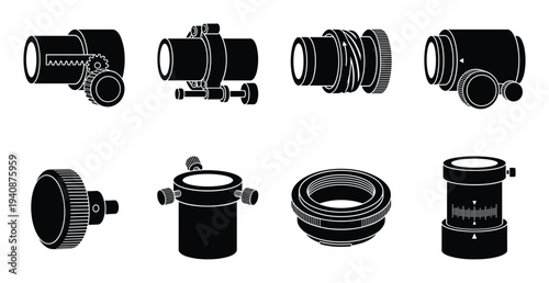 Detailed silhouette collection of telescope focusers and telescope parts for astronomical telescopes observation and focus adjustment