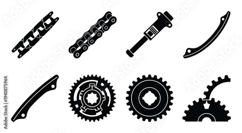 Detailed silhouette collection of timing chain, tensioner, gears, sprockets and guide. Automotive engine parts isolated.