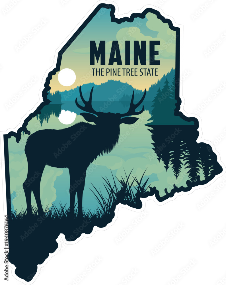 Obraz premium vector Maine sticker design with moose in Katahdin Woods and Waters National Monument