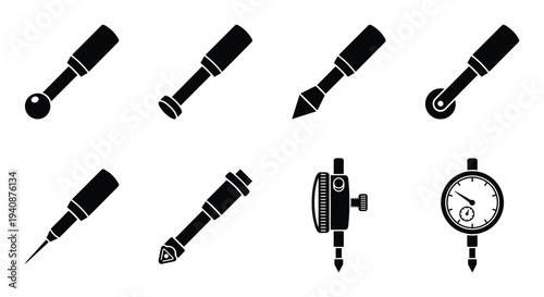 Dial indicator contact point icons set in black silhouette. Measuring tool components in detailed vector illustration