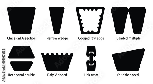 Different types of V-belts illustration: Classical, Narrow wedge, Cogged raw edge, Banded multiple, Hexagonal, Poly-V, Link twist, Variable
