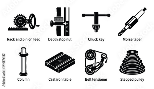 Drill press parts collection vector: rack and pinion feed, depth stop nut, chuck key, morse taper, column, cast iron table.
