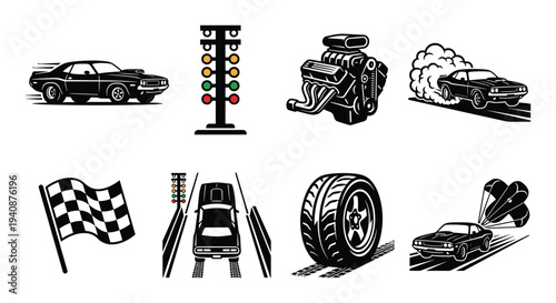 Drag Racing Car Icons: Muscle Car, Engine, Lights, Tire, Flag and Parachute Vector Set for Automotive and Design Projects
